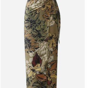 Foliage Print Overlap Tie Long Skirt